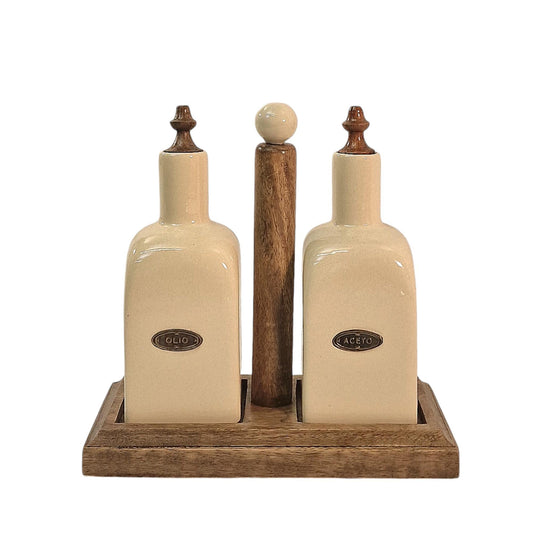 Ceramic Oil and Vinegar (Olio/Aceto) Bottle Set & Mango Wood Holder-0